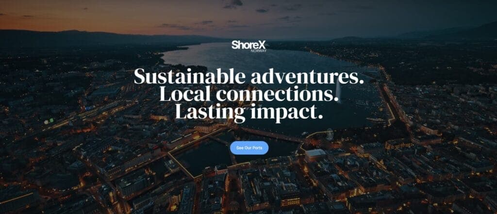 Forsiden til ShoreX Norway med slagordet «Sustainable adventures. Local connections. Lasting impact.»